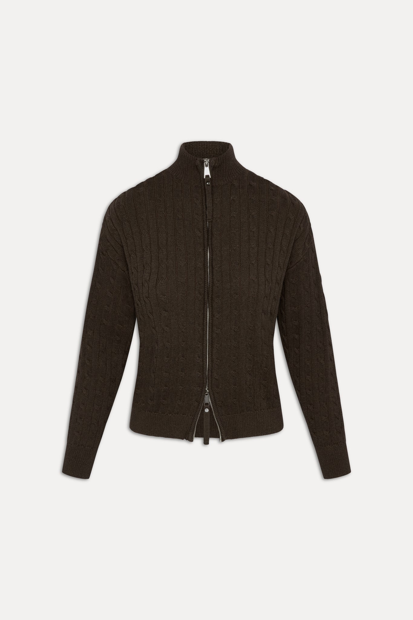 Bea Cable Knit Zip Up Sweater - Chocolate Brown - Image 3