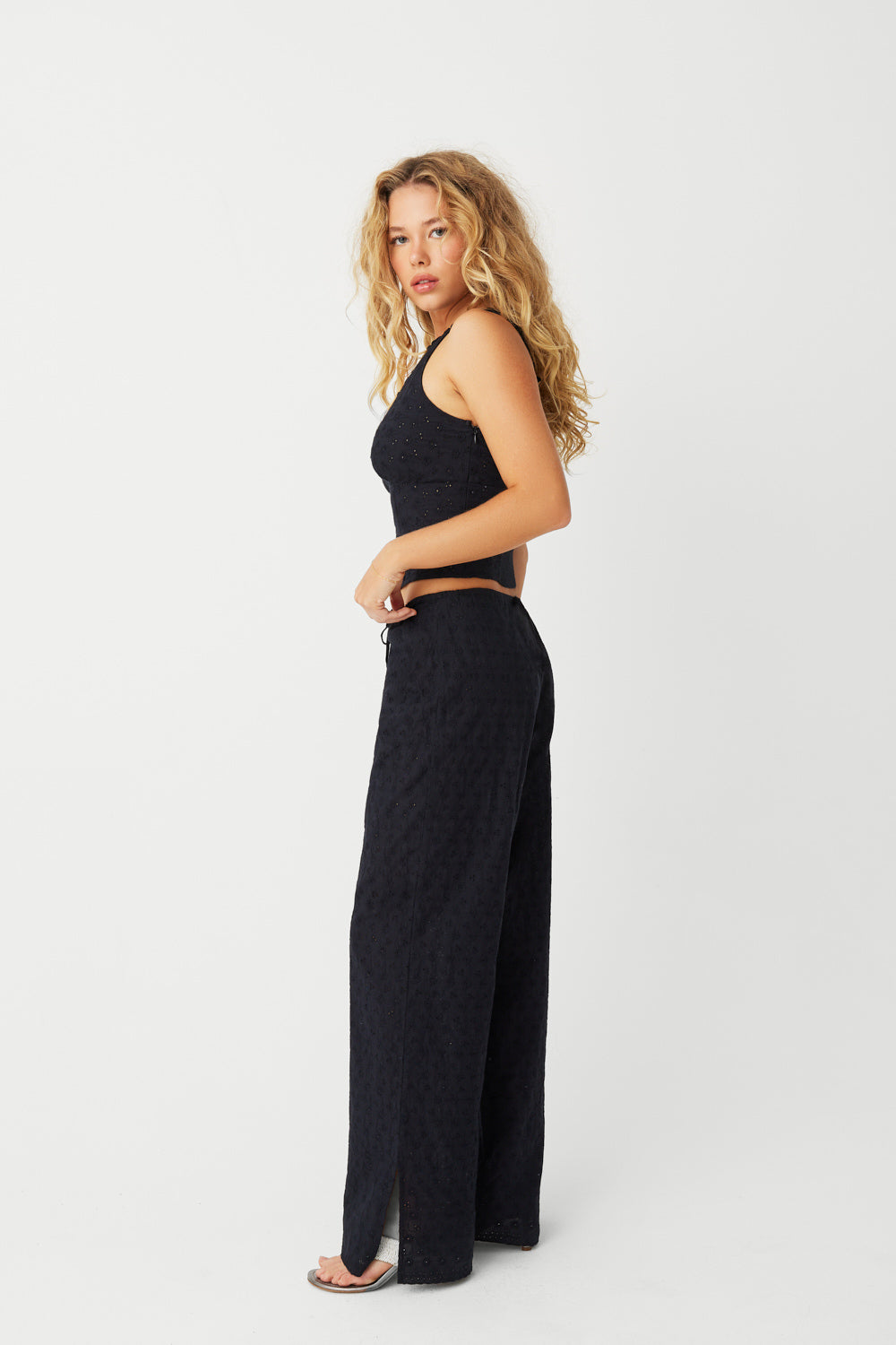 Daisy Eyelet Low Rise Pant - Black - Image 3