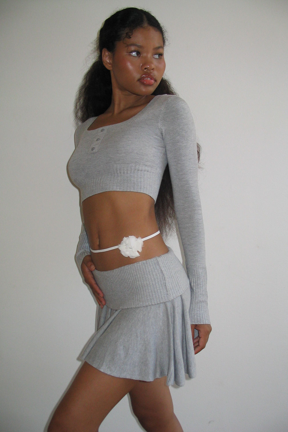 Alternative view of Claude Lightweight Knit Mini Crop Top - Heather Grey