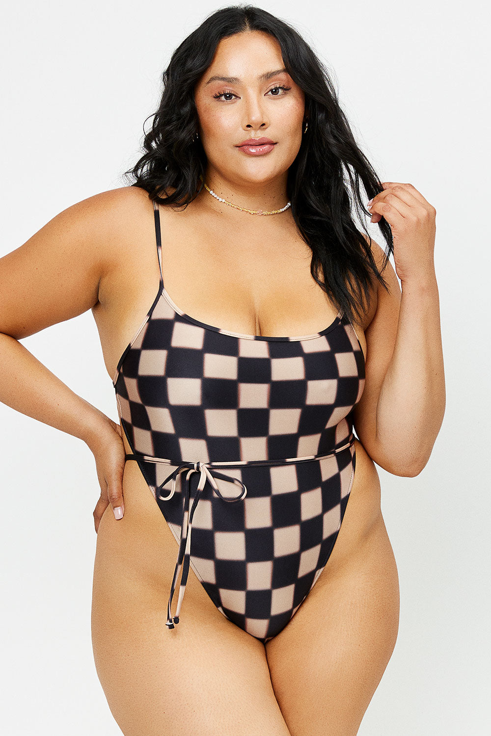 Alternative view of Croft Satin Cheeky One Piece Swimsuit - Black Checker