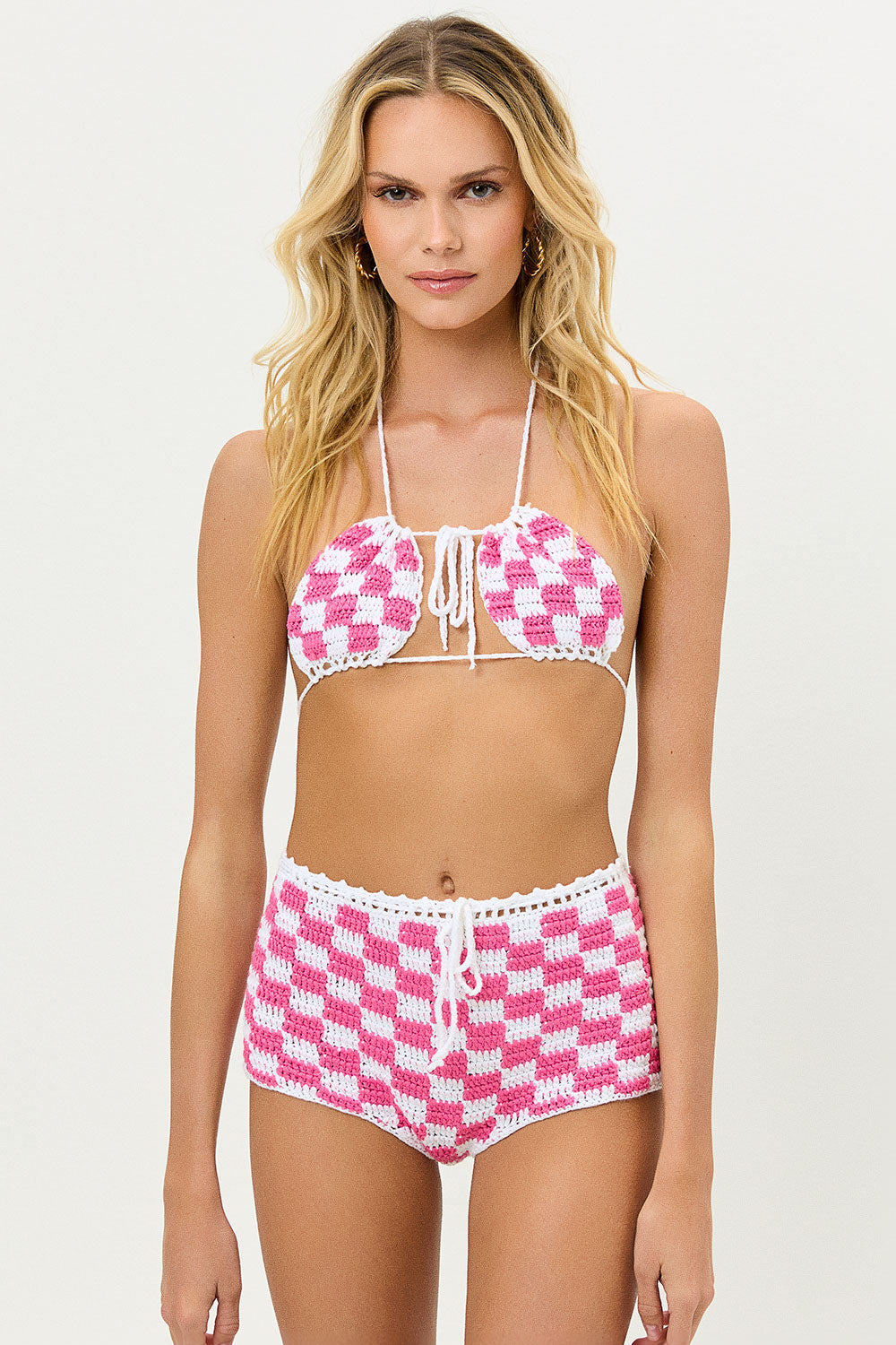 Eliza Crochet Halter Bikini Top - Pink Checker - Image 2