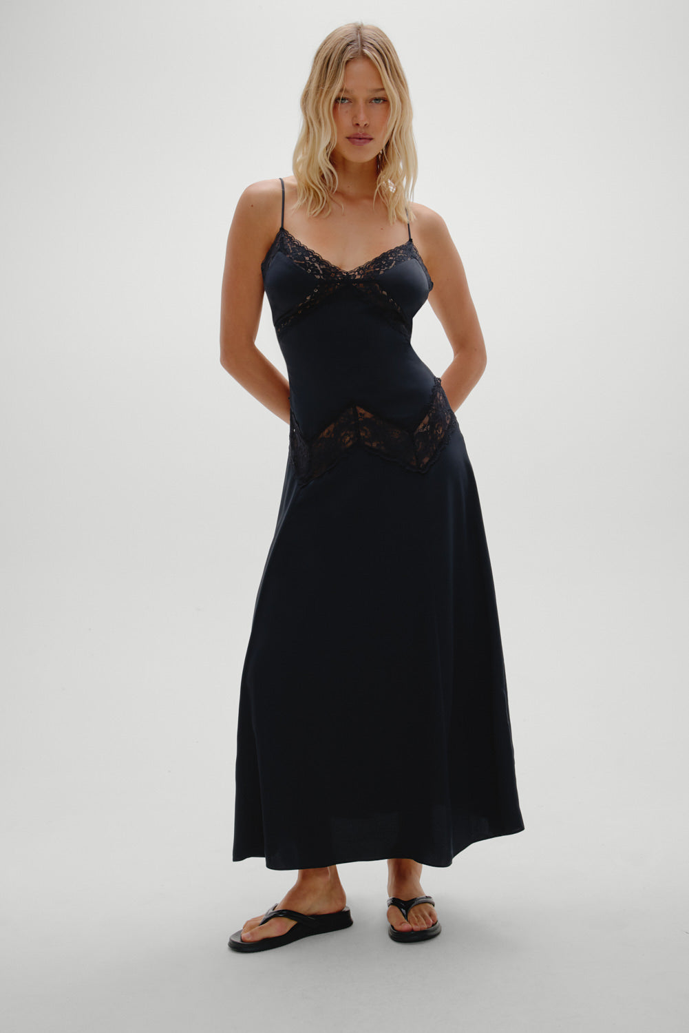Alternative view of Ethereal Satin Lace Maxi Dress - Meet Me At Dusk
