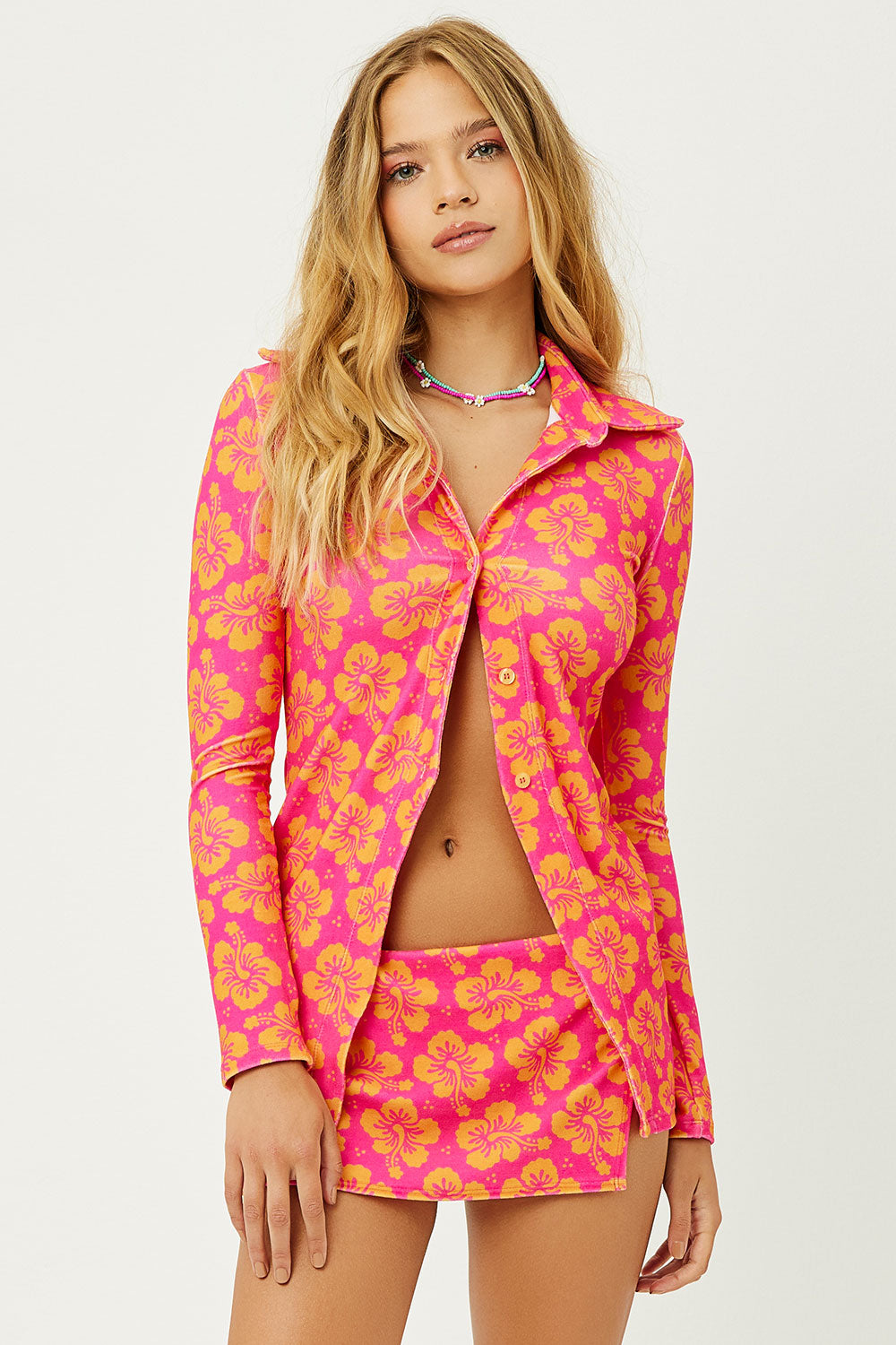Nova Terry Floral Long Sleeve Button Up - Hibiscus Honey - Image 2