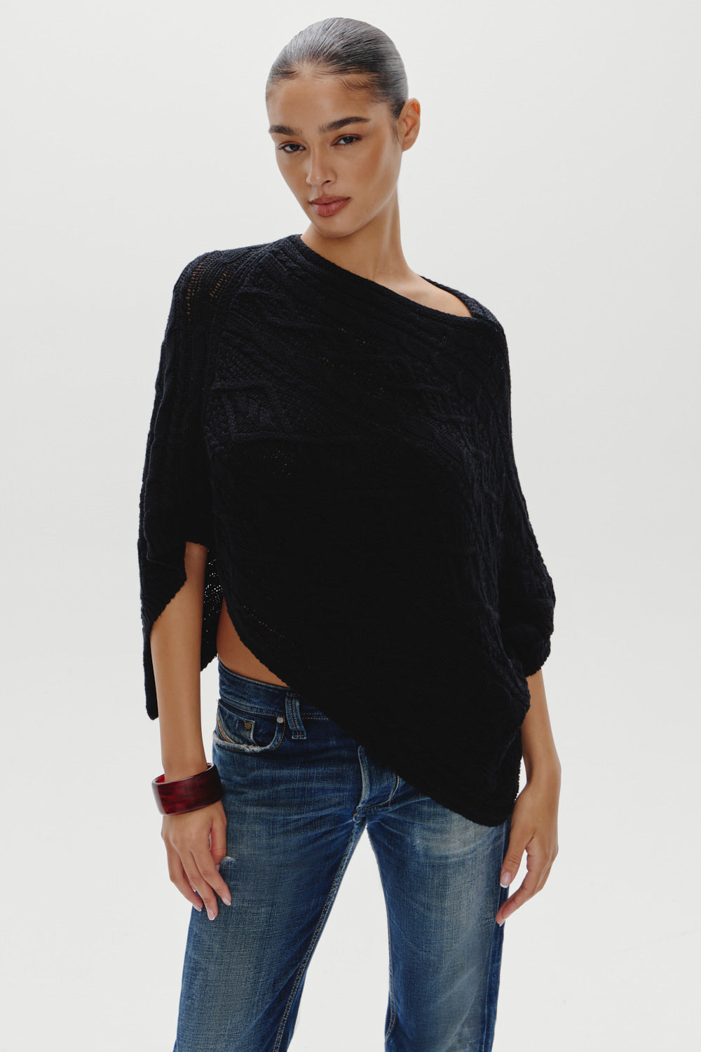 Aspen Cotton Knit Poncho - Black - Image 4