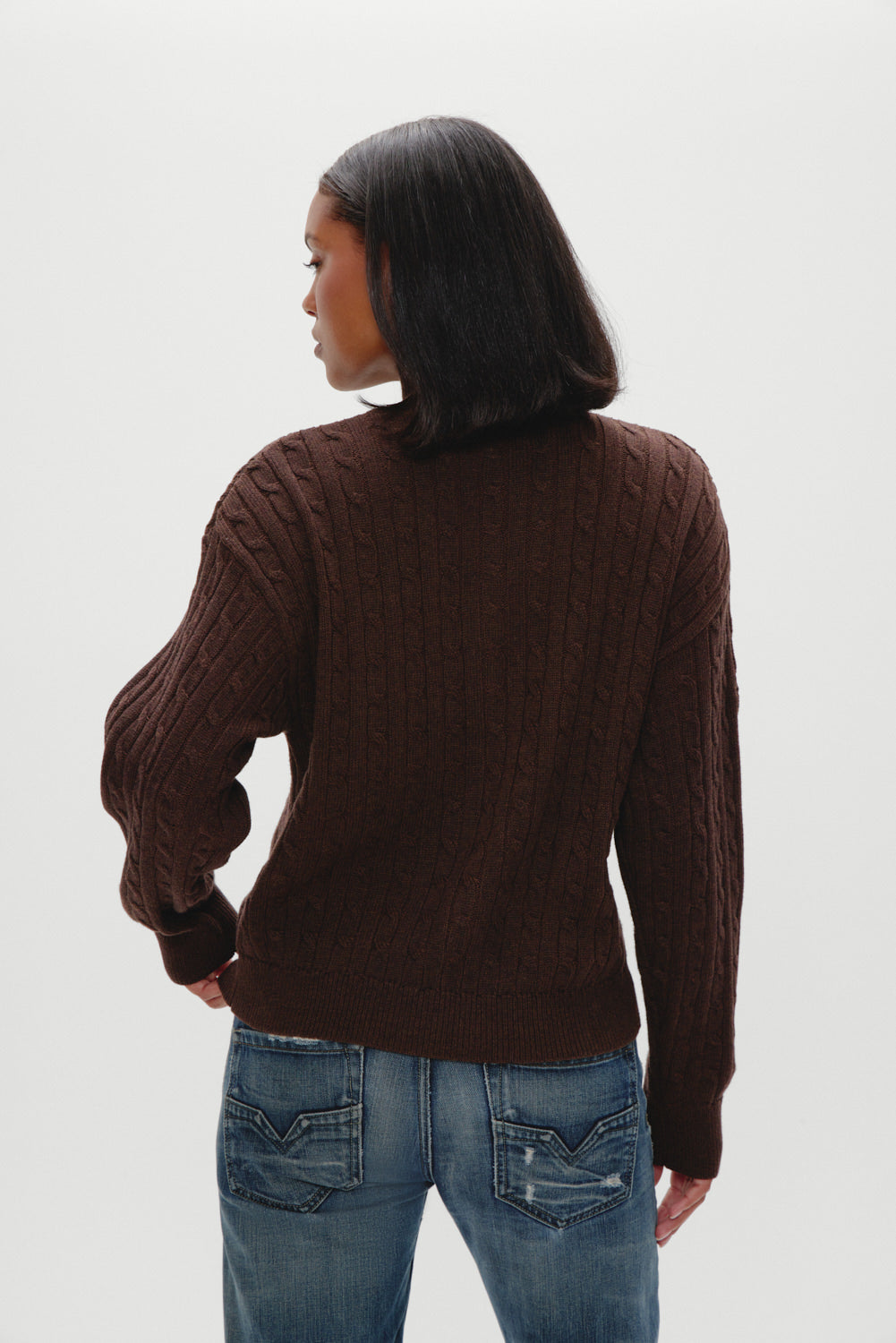 Bea Cable Knit Zip Up Sweater - Chocolate Brown - Image 5