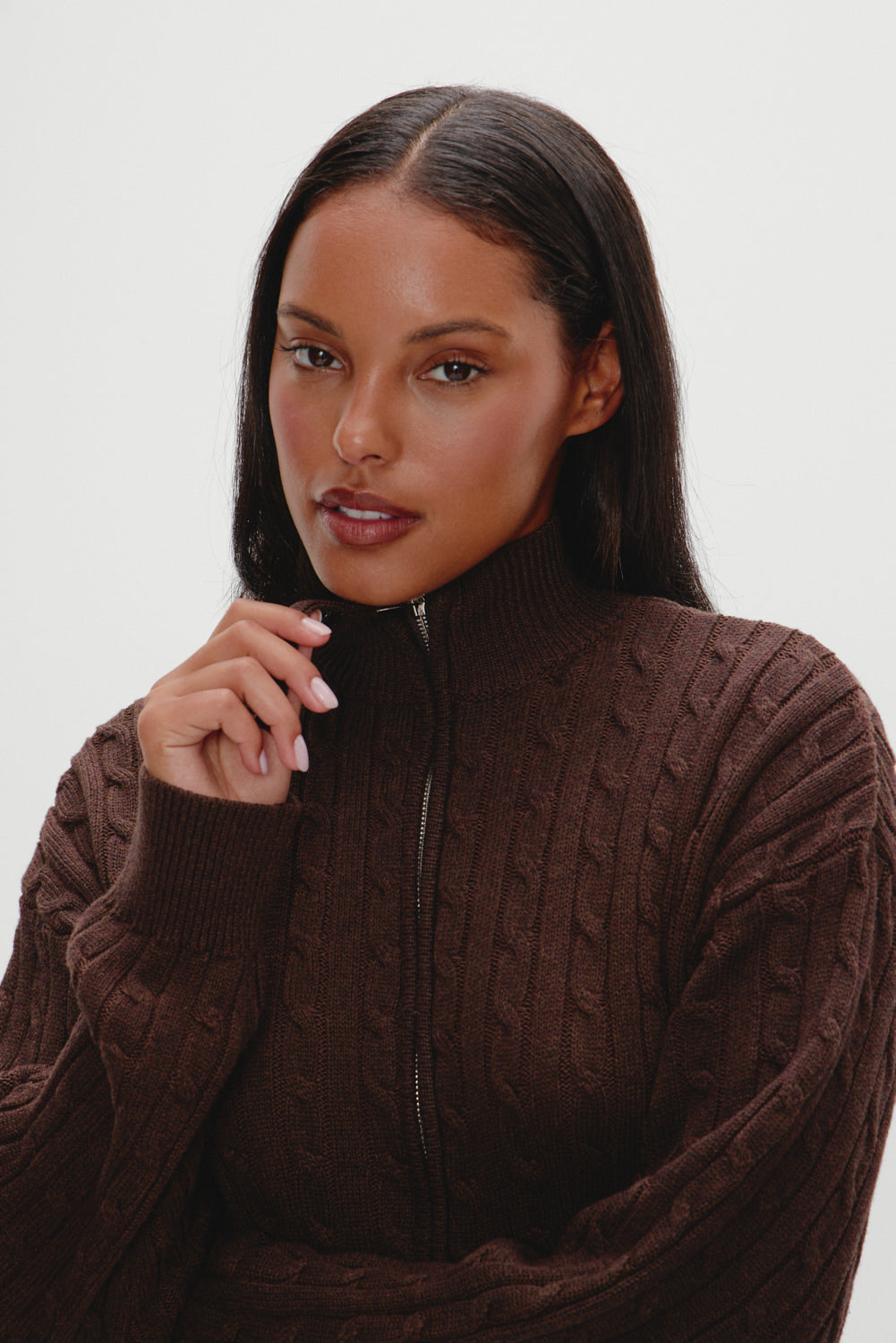Alternative view of Bea Cable Knit Zip Up Sweater - Chocolate Brown