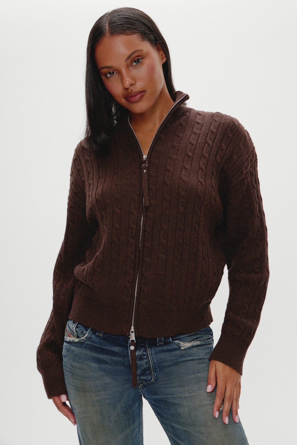 Bea Cable Knit Zip Up Sweater - Chocolate Brown - Image 4