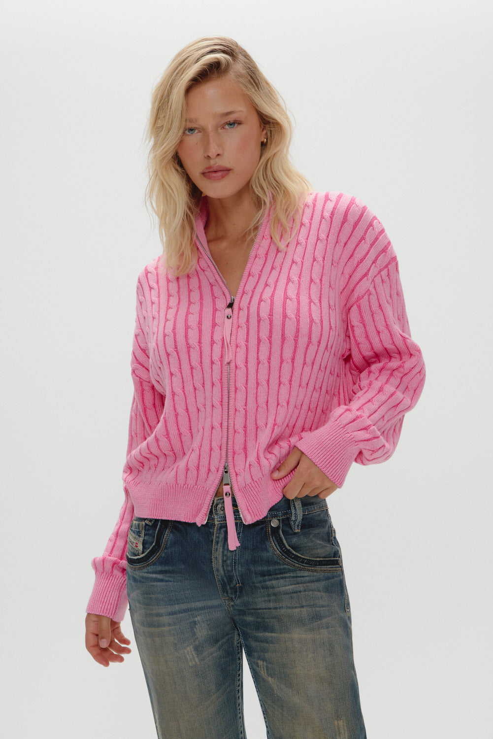 Alternative view of Bea Cable Knit Zip Up Sweater - Sweetheart