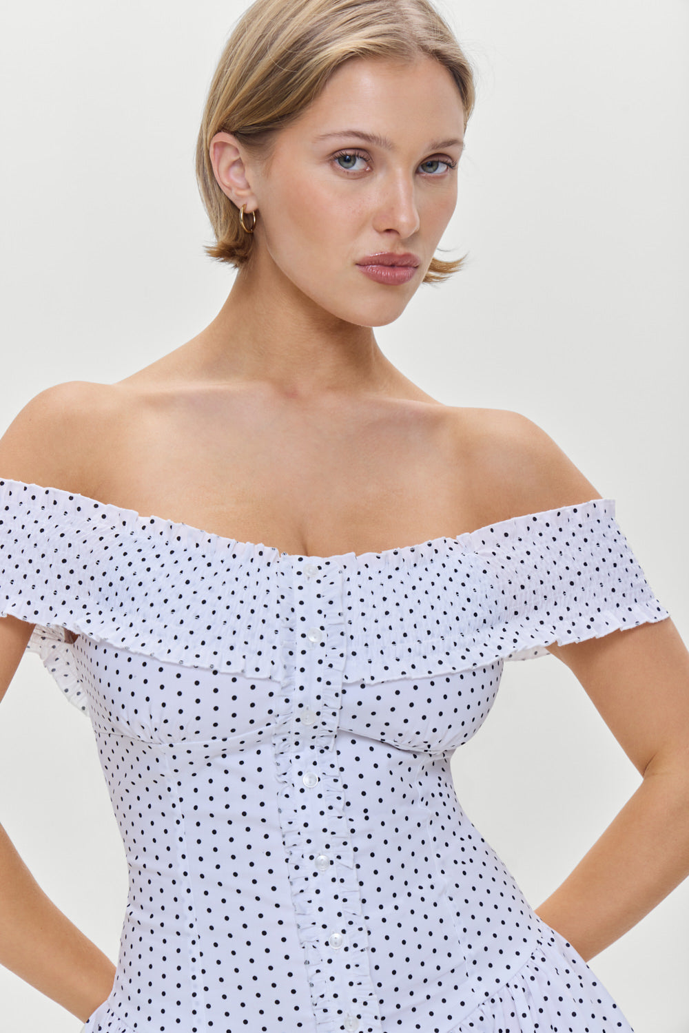 Mae Off Shoulder Mini Dress - White Polka Dot - Image 4
