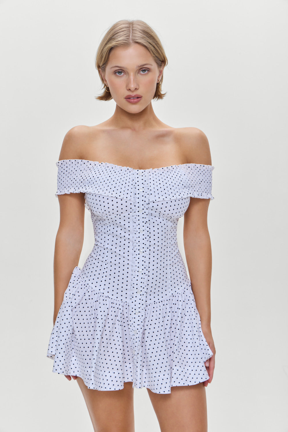 Mae Off Shoulder Mini Dress - White Polka Dot - Image 2
