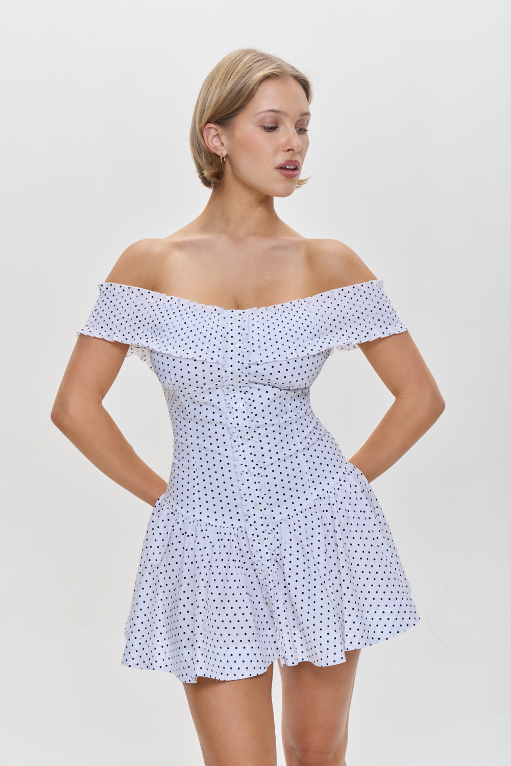Mae Off Shoulder Mini Dress - White Polka Dot - Image 9