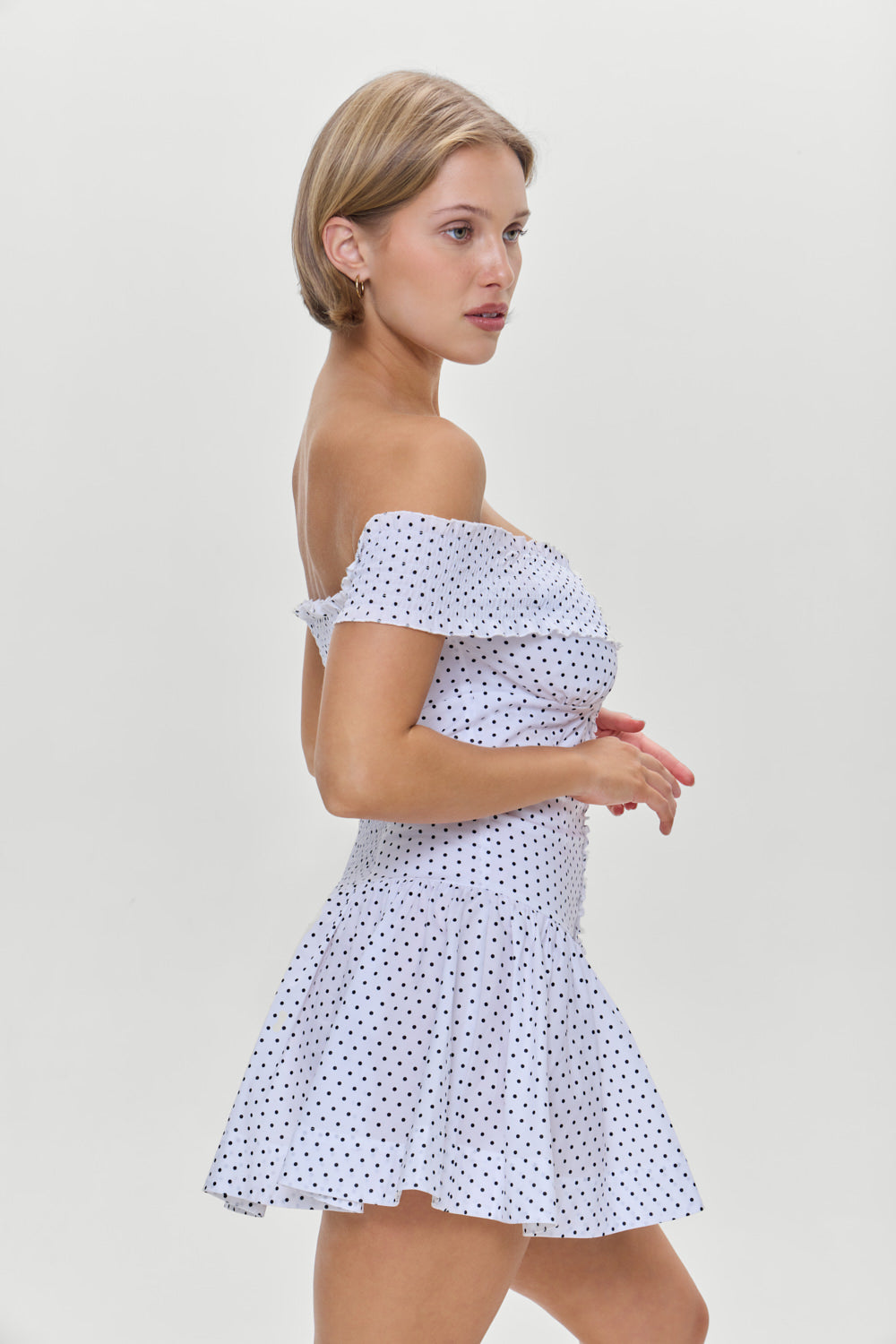 Mae Off Shoulder Mini Dress - White Polka Dot - Image 10