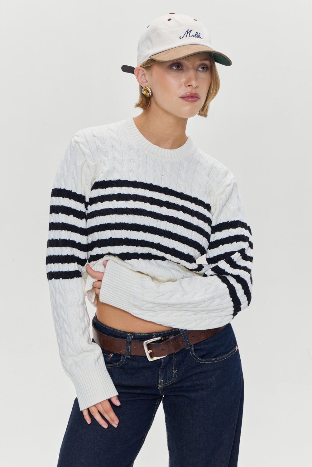 Alternative view of Varsity Striped Cable Knit Sweater - Ivory