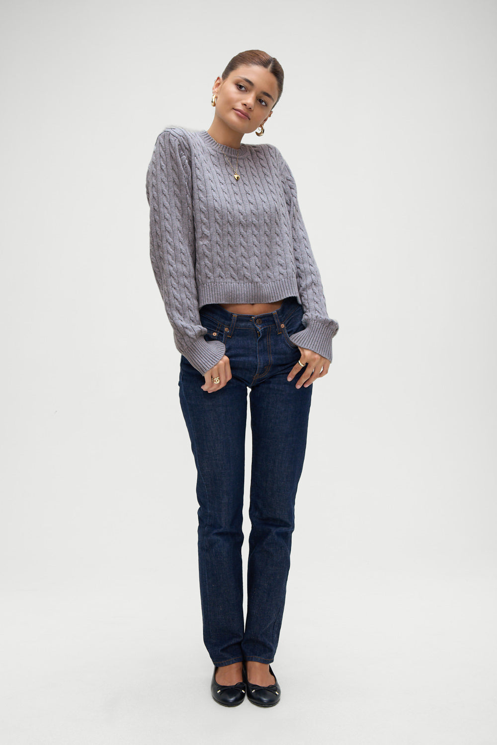 Alternative view of Varsity Cable Knit Sweater - Rain Cloud