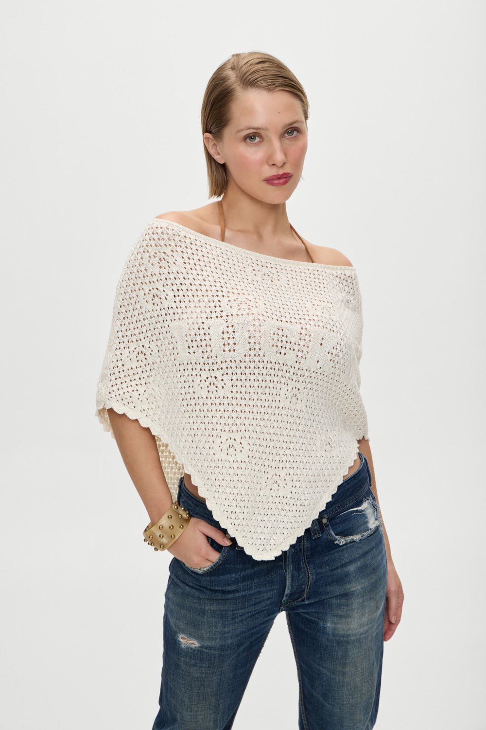 X Bella Hadid Western Crochet Poncho - White - Image 4