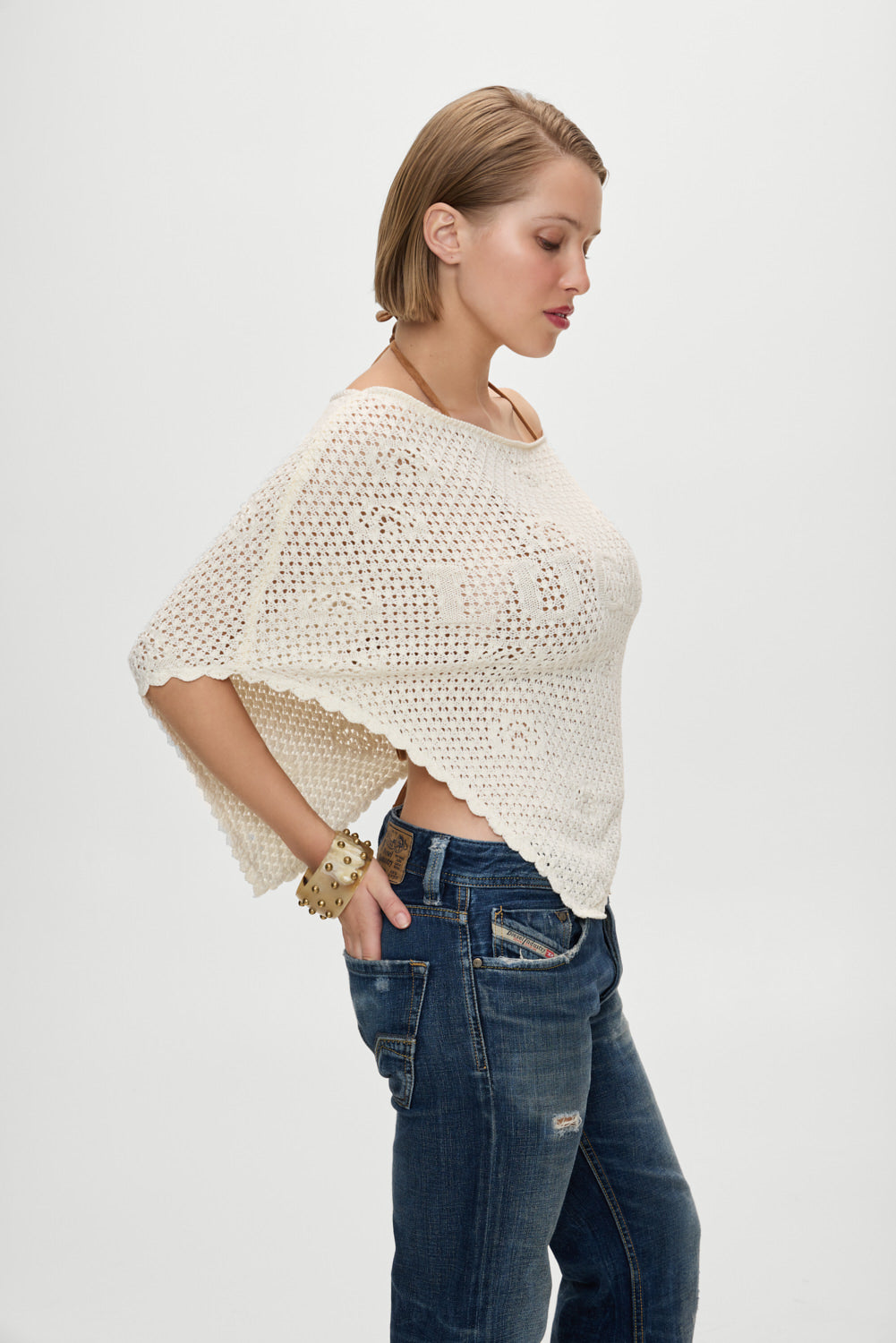 X Bella Hadid Western Crochet Poncho - White - Image 6