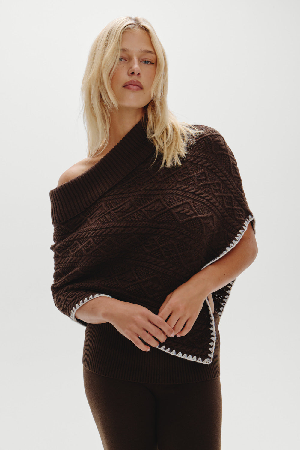 Alternative view of Windswept Cotton Knit Poncho - Chocolate Brown
