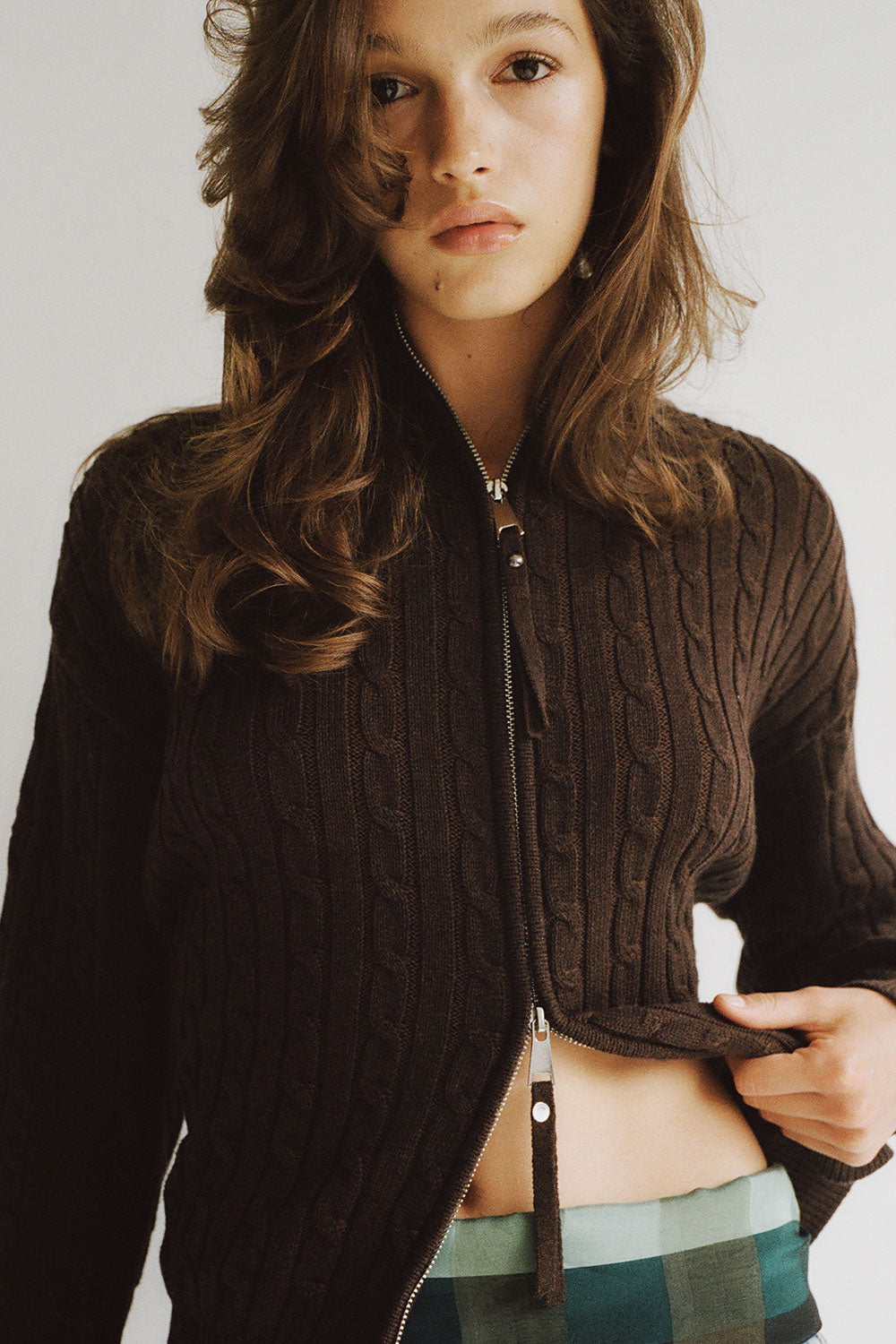 Bea Cable Knit Zip Up Sweater - Chocolate Brown - Image 6
